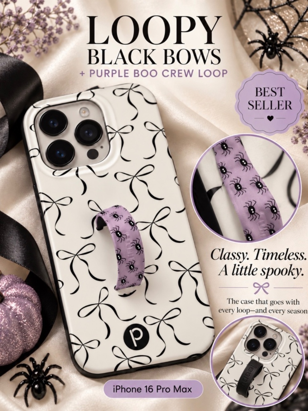 Loopy Black Bows iPhone 16 Pro Max Case + New Purple Boo Crew Halloween Loop